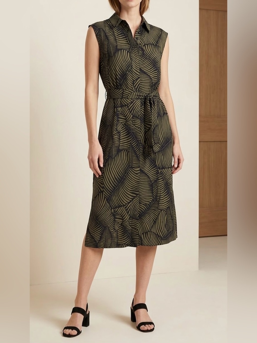Ann Taylor Factory Olive & Black Sleeveless Tie-Waist Midi Dress